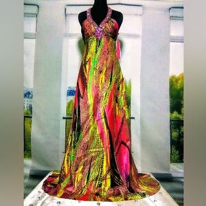 Morgan & Co. Halter Maxi Dress in Pink and Green